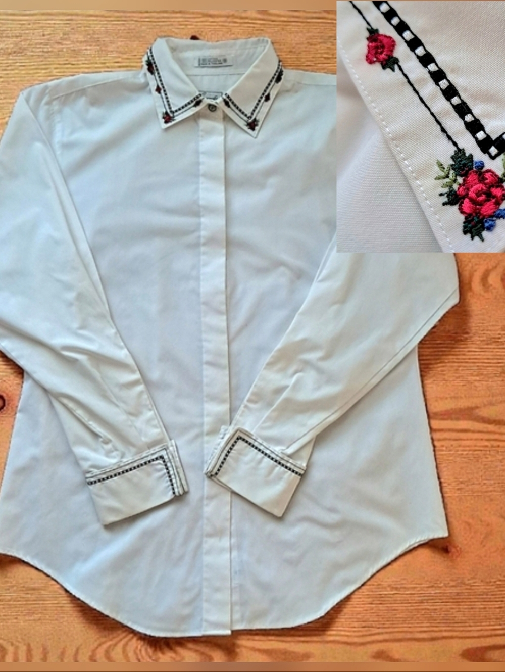 Foxcroft Women's White Blouse Sz 8 Floral Embroidery Details Cotton/Poly